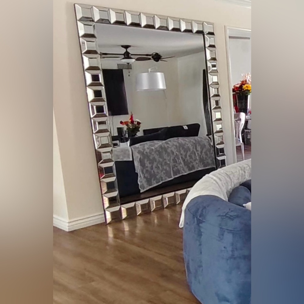 Rare Elegant Silver Wall Mirror With A Dimensional Frame Of Tile Beveled Mirror